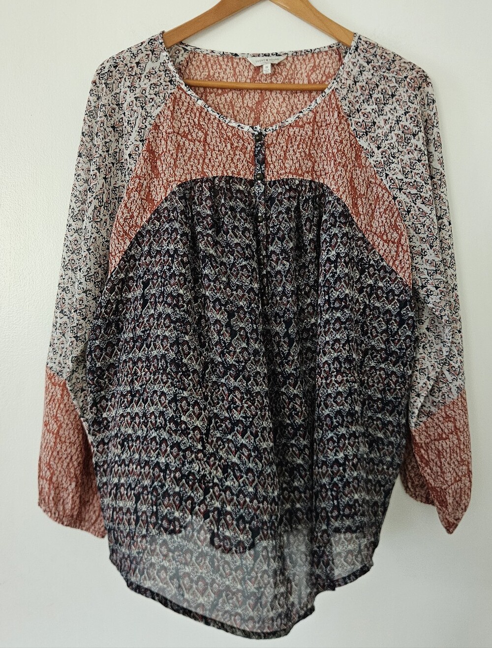 Lucky Brand Womens Top 1X Sheer Patchwork Boho Hippie Relaxed Chiffon Peasant